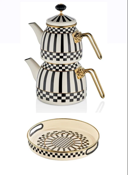 Prime Cream Emaye Servis Tepsisi – 28 CM ve Çaydanlık Takımı - 1
