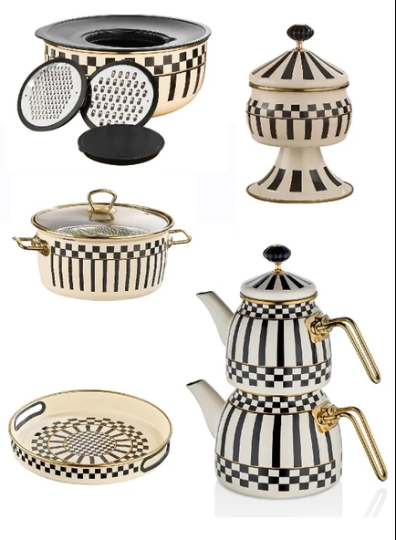 Emaye Çaydanlık - Ayaklı Şekerlik - Tepsi 28 CM -  Karıştırma Kabı ve Kızartma Tenceresi ürün görseli