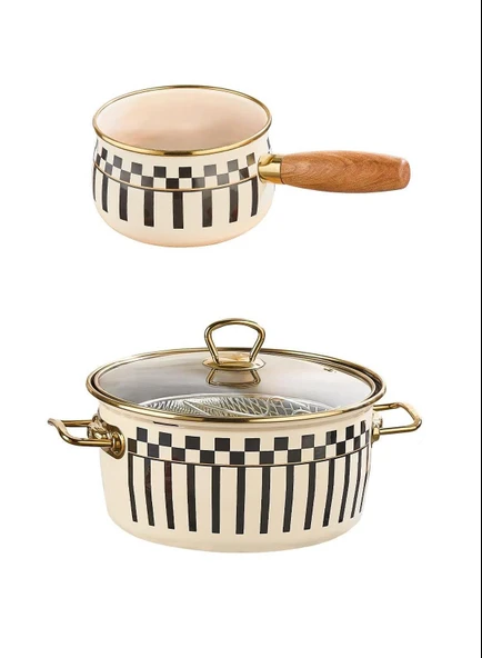 Prime Cream Emaye Kızartma Tenceresi – 22 CM ve Emaye Sütlük Sosluk 14 CM - 1