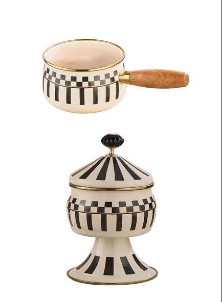 Prime Cream Emaye Ahşap Saplı Sosluk / Sütlük – 14 CM ve Emaye Ayaklı Şekerlik - 1
