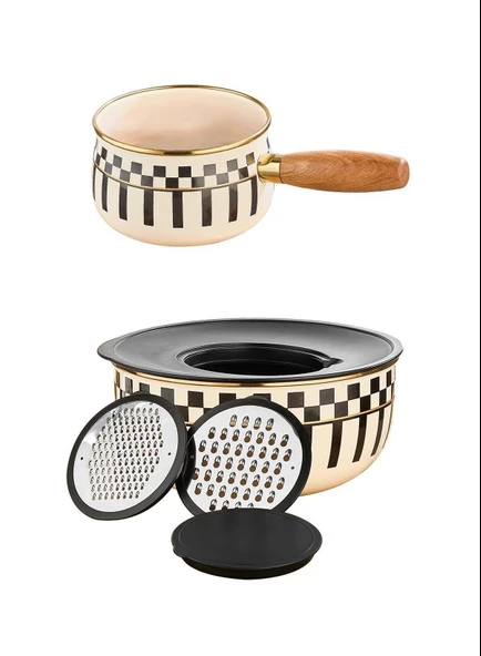 Prime Cream 5 Parça Rendeli Saklama ve Karıştırma Kabı – 24 CM ve Emaye Sosluk Sütlük 14 CM - 1
