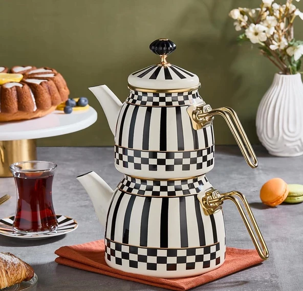 Prime Cream Emaye Çaydanlık Takımı - Emaye Ayaklı Şekerlik ve Emaye Tepsi 28 CM - Resim 4