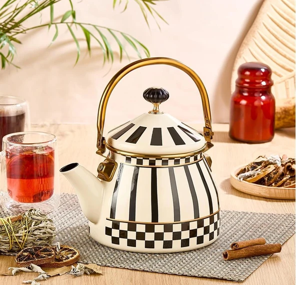 Prime Cream Emaye Bitki Çayı Demliği - Emaye Ayaklı Şekerlik ve Emaye Tepsi 28 CM - 2