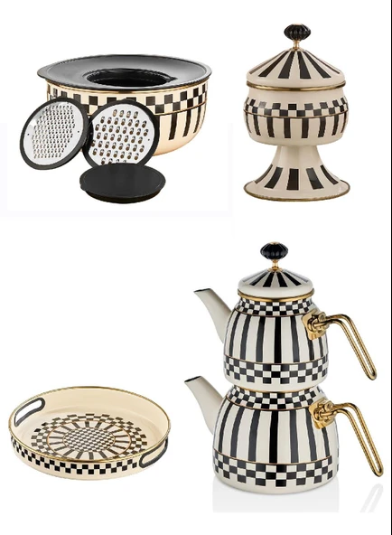 Emaye Çaydanlık Takımı - Emaye Ayaklı Şekerlik - Emaye Tepsi 28 CM ve Emaye Karıştırma Kabı ürün görseli