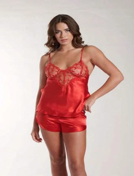 Arias Closet Kırmızı Dantel Detaylı İnce Askılı Saten Şortlu Takım - Resim 2