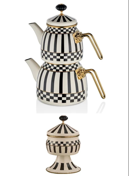 Prime Cream Emaye Çaydanlık Takımı ve Emaye Ayaklı Şekerlik ürün görseli