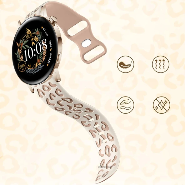 Samsung Galaxy Watch 6 7 Serisi ile Uyumlu Leopar Desenli Silikon Kordon Kayış Bej - 2