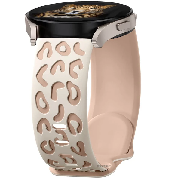 Samsung Galaxy Watch 6 7 Serisi ile Uyumlu Leopar Desenli Silikon Kordon Kayış Bej