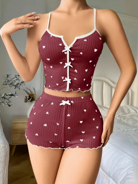 Arias Closet Pamuklu Kahverengi Üstüne Beyaz Kalp Desen Fitilli Askılı Şortlu Pijama Takımı - 2