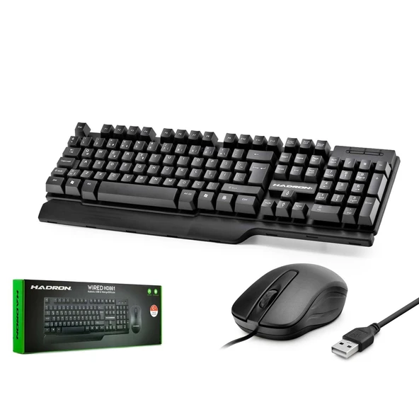 Hadron HD861 Türkçe-Q 1000dpi 1.50mt USB Kablolu Klavye Mouse Set - Siyah ürün görseli 1