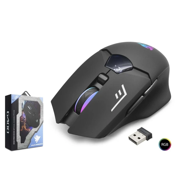Hadron G400 1600dpi Gökkuşağı Ledli Ekranlı Bluetooth + 2.4 GHz Mini USB Type-C Şarjlı Kablosuz Oyuncu Mouse - Siyah - 1