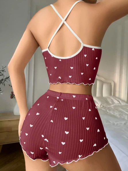 Arias Closet Pamuklu Kahverengi Üstüne Beyaz Kalp Desen Fitilli Askılı Şortlu Pijama Takımı - 3