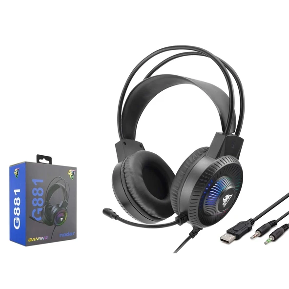 Hadron G881 RGB Ledli Mikrofonlu 2x3.5mm AUX 2mt Kablolu Kulaküstü Oyuncu Kulaklığı - Siyah ürün görseli 1