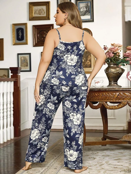 Arias Closet Büyük Beden Çiçek Desenli İnce Askılı Lacivert 2li Takım - Resim 2