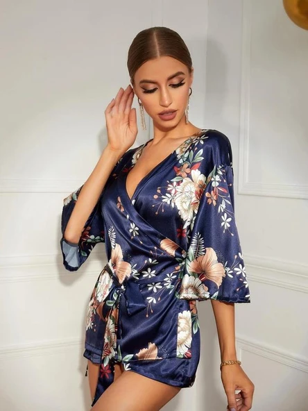 Arias Closet Çiçek Desenli Mavi Mini Saten Gecelik Sabahlık - Resim 3