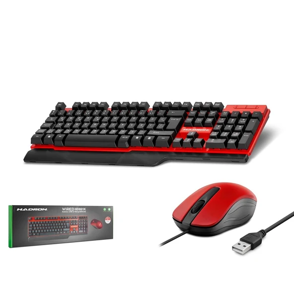 Hadron HD861 Türkçe-Q 1000dpi 1.50mt USB Kablolu Klavye Mouse Set - Kırmızı-Siyah - 1