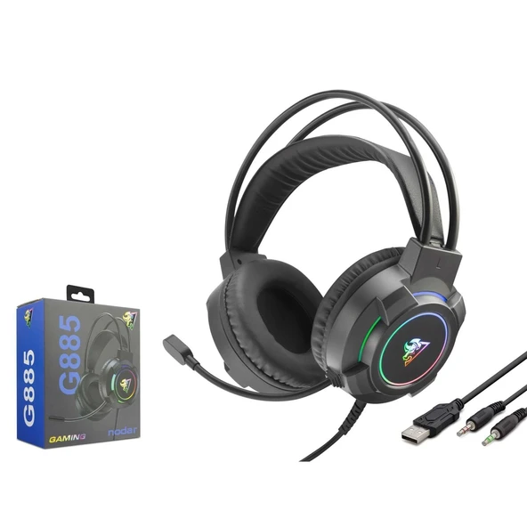 Hadron G885 RGB Ledli Mikrofonlu 2x3.5mm AUX 2mt Kablolu Kulaküstü Oyuncu Kulaklığı - Siyah ürün görseli 1