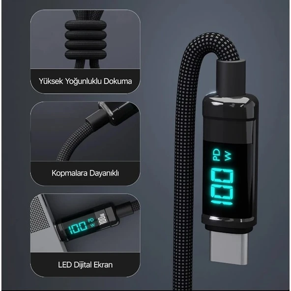 BİX BX09CC-BK SİYAH TYPE-C 100W 1 metre DİJİTAL EKRANLI ŞARJ VE DATA KABLOSU - Resim 3