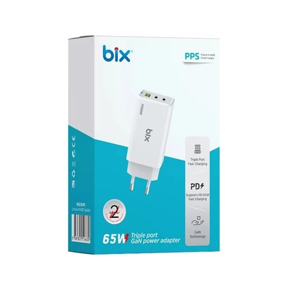 BİX BX3P66G-WE 65W ŞARJ ADAPTÖR TYPE-C/USB Beyaz ürün görseli