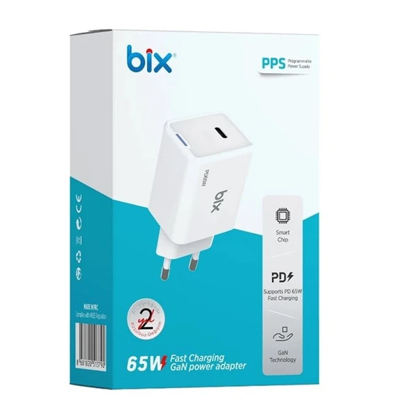BİX BX1P65G-WE 65W ŞARJ ADAPTÖR (TYPE-C) Beyaz PPS ÖZELLİKLİ ürün görseli