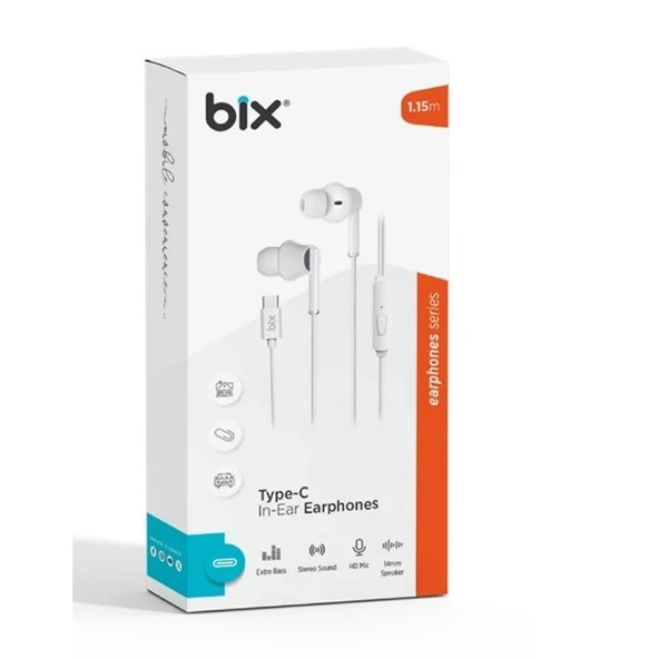 BİX HF01C-WE Type-C Beyaz 14MM EXTRA BASS KULAKİÇİ Mikrofonlu Kulaklık - 1