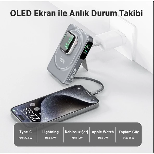 BİX 10000mAh TPB16-GR 6'SI 1 ARADA OLED EKRANLI Gri KABLOSUZ POWERBANK - 3