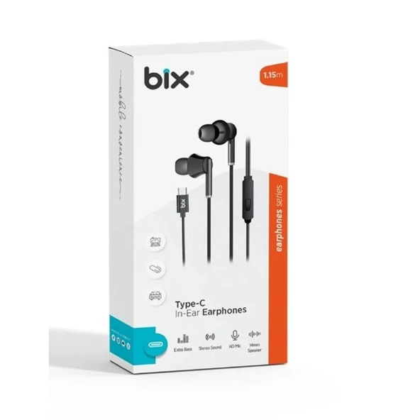 BİX HF01C-BK Type-C Siyah 14MM EXTRA BASS KULAKİÇİ Mikrofonlu Kulaklık - 1