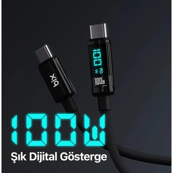 BİX BX09CC-BK SİYAH TYPE-C 100W 1 metre DİJİTAL EKRANLI ŞARJ VE DATA KABLOSU - Resim 4