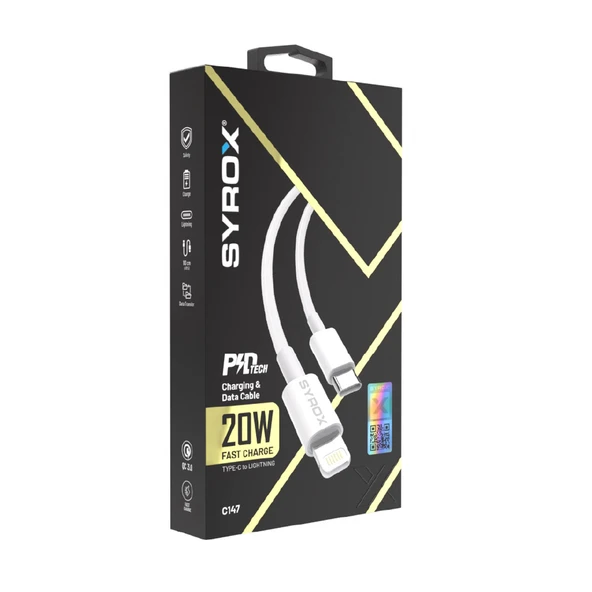 Syrox C147 QC 3.0A 20W 1mt Type-C - Lightning Şarj & Data Kablosu - Beyaz - Resim 2