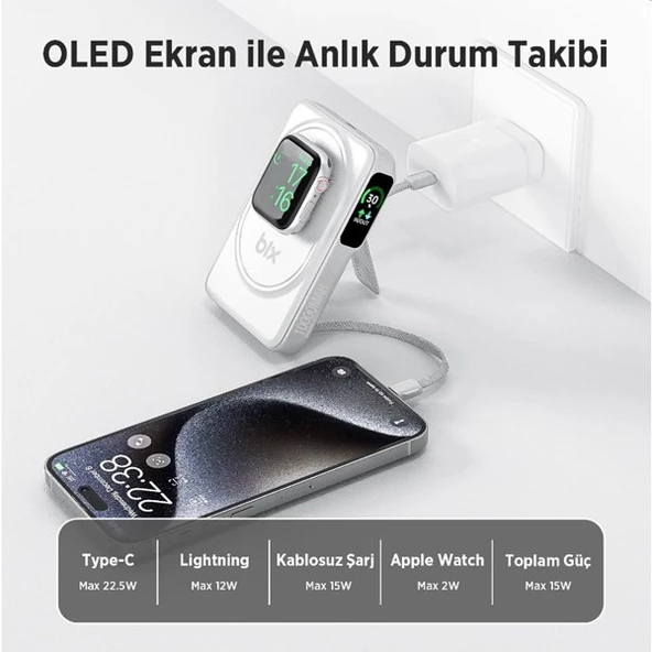 BİX 10000mAh TPB16-WE 6'SI 1 ARADA OLED EKRANLI Beyaz KABLOSUZ POWERBANK - 3