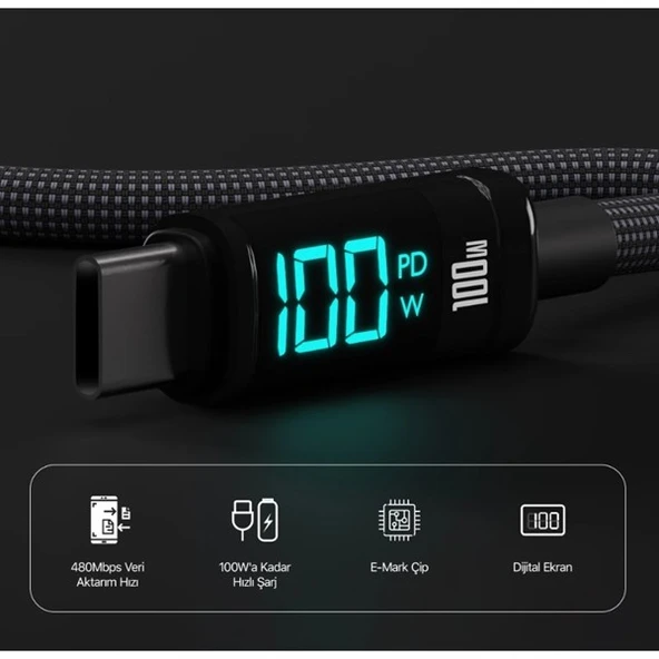 BİX BX09CC-BK SİYAH TYPE-C 100W 1 metre DİJİTAL EKRANLI ŞARJ VE DATA KABLOSU - Resim 5