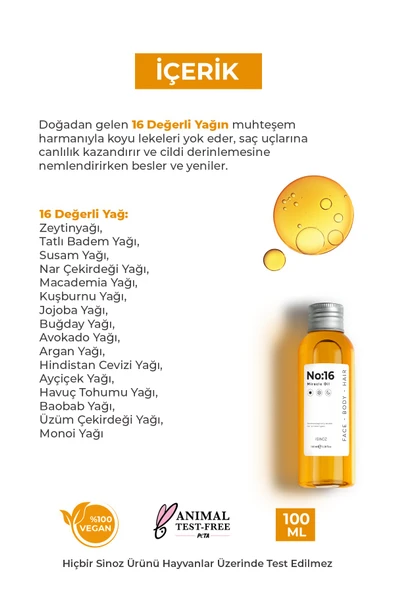 Sinoz No:16 Nemlendirici Besleyici Yenileyici Işıltı Verici Mucizevi Onarıcı Bakım Yağı 100 Ml - 3
