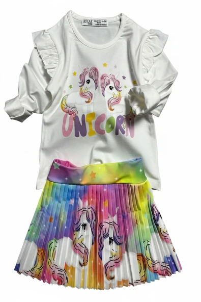 Unicorn Desenli Renkli Kız Çocuk Etekli Takım - 4