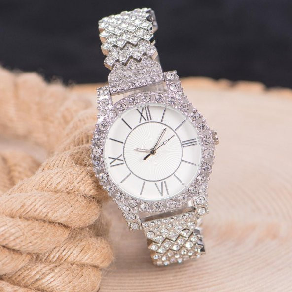 Trend Gümüş Renk Çelik Kordonlu Zirkon Taş Kaplama Lüx Kadın Kol Saati ST-303997 - 3