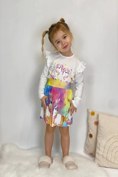 Unicorn Desenli Renkli Kız Çocuk Etekli Takım - 2