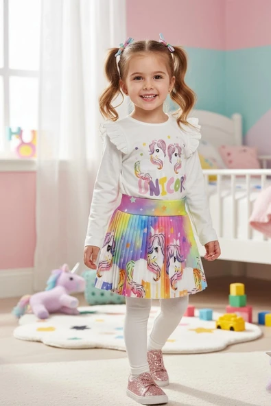 Unicorn Desenli Renkli Kız Çocuk Etekli Takım - 1