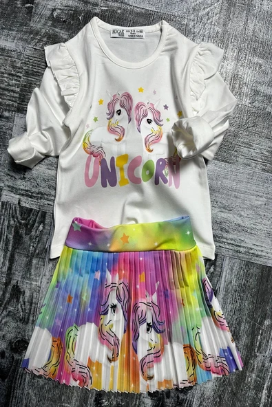 Unicorn Desenli Renkli Kız Çocuk Etekli Takım - 5
