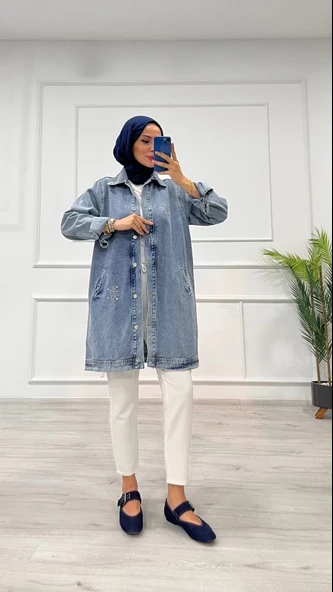BİÇOMİ Taşlı tunik ceket kar yıkama orta mavi d2516 - Resim 3