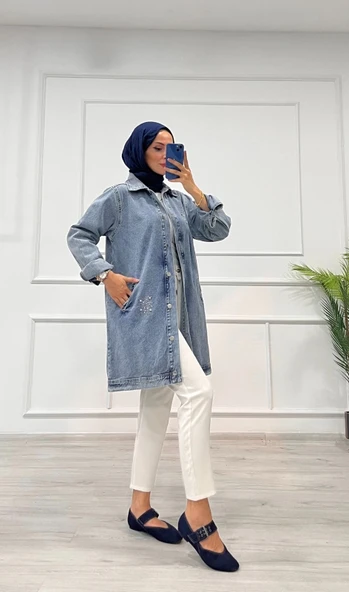 BİÇOMİ Taşlı tunik ceket kar yıkama orta mavi d2516 - Resim 4