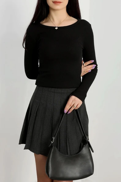 BİÇOMİ Bisiklet Yaka Parmak Geçmeli Kaşkorse bluz siyah a3829 - Resim 6