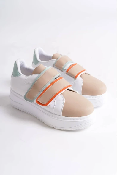 VALENCIA Bağcıksız Cırt Cırtlı Ortopedik Taban Kadın Sneaker Spor Ayakkabı CBT - Beyaz/Ten/Mavi - 4