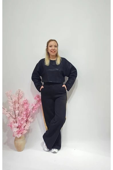 Yeni Sezon Beyaz Varaklı Crop Sweatshirt - Pantolon Eşofman Alt Üst Takım - 4