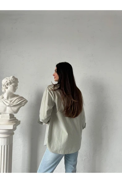 Broş Gül Detaylı Uzun Kollu Çizgili Gömlek - 3