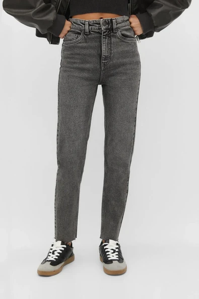 Gri Likrasız Mom Jean Pantolon - 2