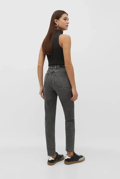 Gri Likrasız Mom Jean Pantolon