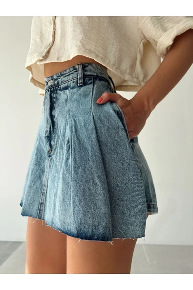 Kadın Mavi Renk Şort Etek Denim Etek Mini Etek Kot Etek - 1