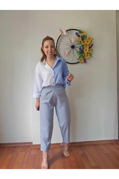 Yüksek Bel Beli Lastikli Likralı Keten Haki Yeşil Renk Kadın Şalvar Pantolon - 3