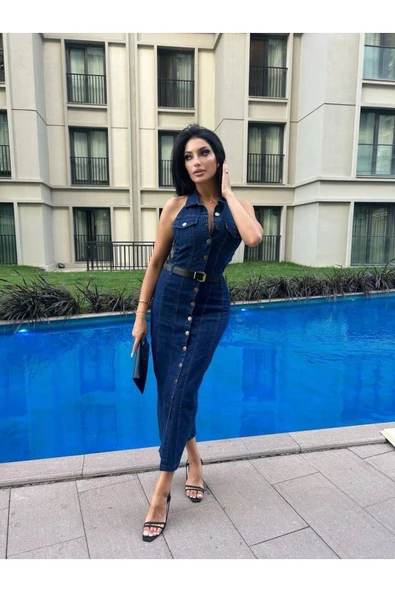 Kemerli Kot Elbise Denim Likralı Sırt Dırapeli ürün görseli
