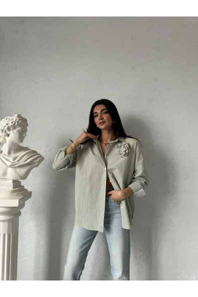 Broş Gül Detaylı Uzun Kollu Çizgili Gömlek - 6