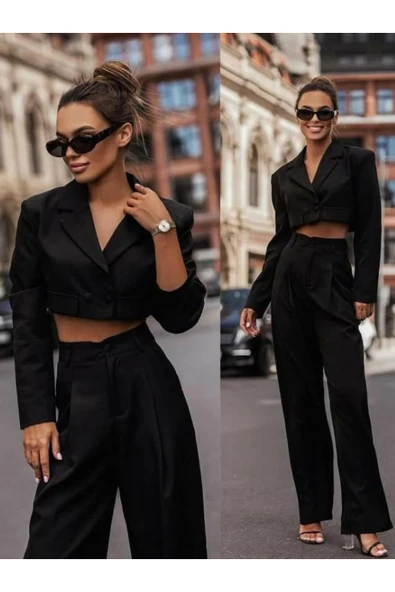 Siyah Crop Ceket Pantolon Takımı - 1